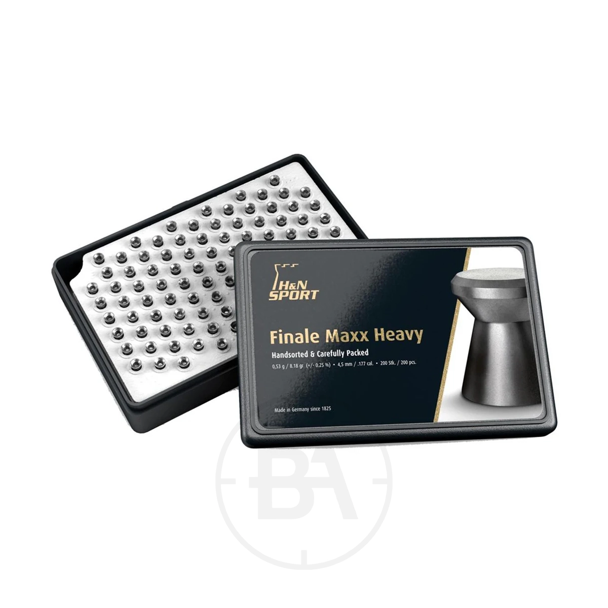 H&N Finale Maxx Heavy .177 8.18gr (x200) 1 A rectangular container with heavy pellets, each 8.18 gr, arranged in rows and labeled "H&N Finale Maxx Heavy." Another lid shows product details and an image of a single pellet.