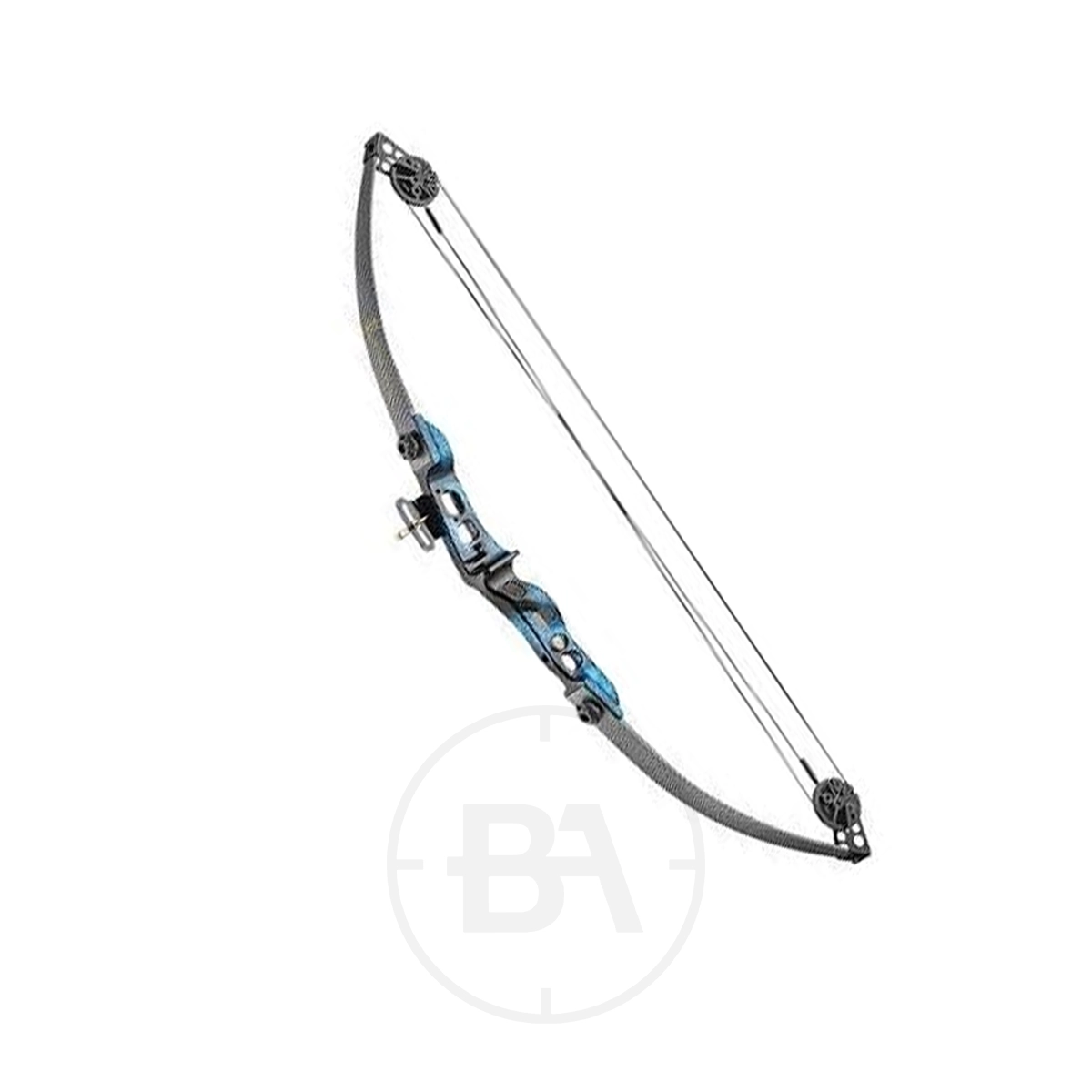 EK Archery Firestar Compound Bow Bundle 1 The EK Archery Firestar Compound Bow Bundle features a blue and gray frame with pulleys and taut strings, shown against a white background.