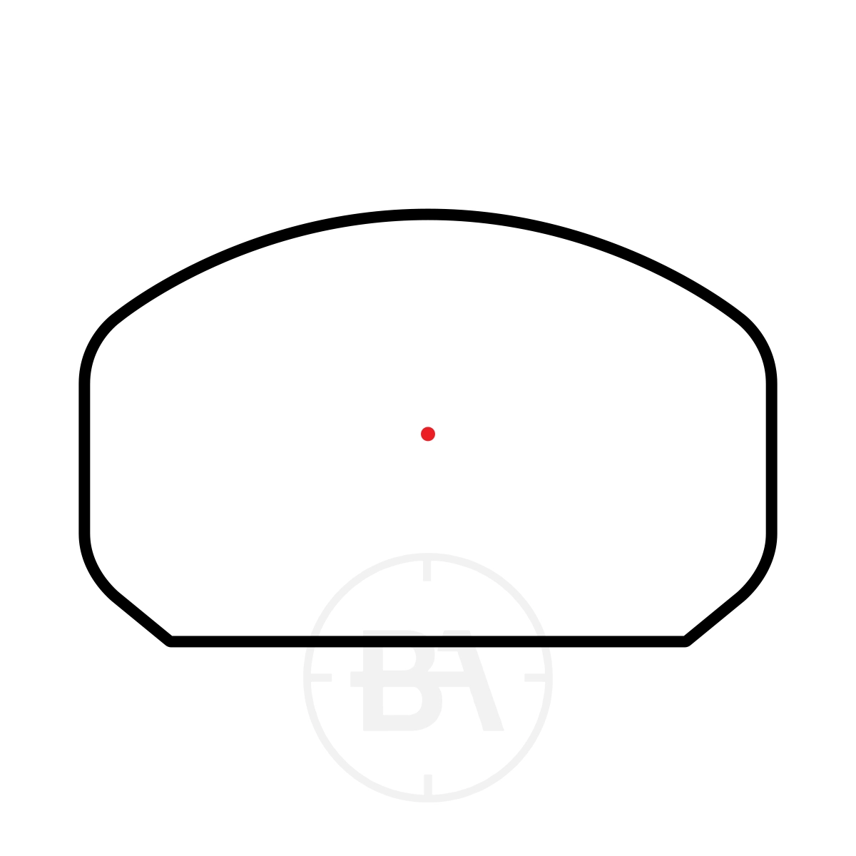 Hawke Frontier Red Dot RMSc Reflex Sight With Picatinny / Weaver Mounts 3 A minimal black outline depicts the Hawke Frontier Red Dot RMSc Reflex Sight With Picatinny/Weaver Mounts—a curved, rectangular optic with a red dot in the centre, faint “BA” letters in a circle below, set on a white background.