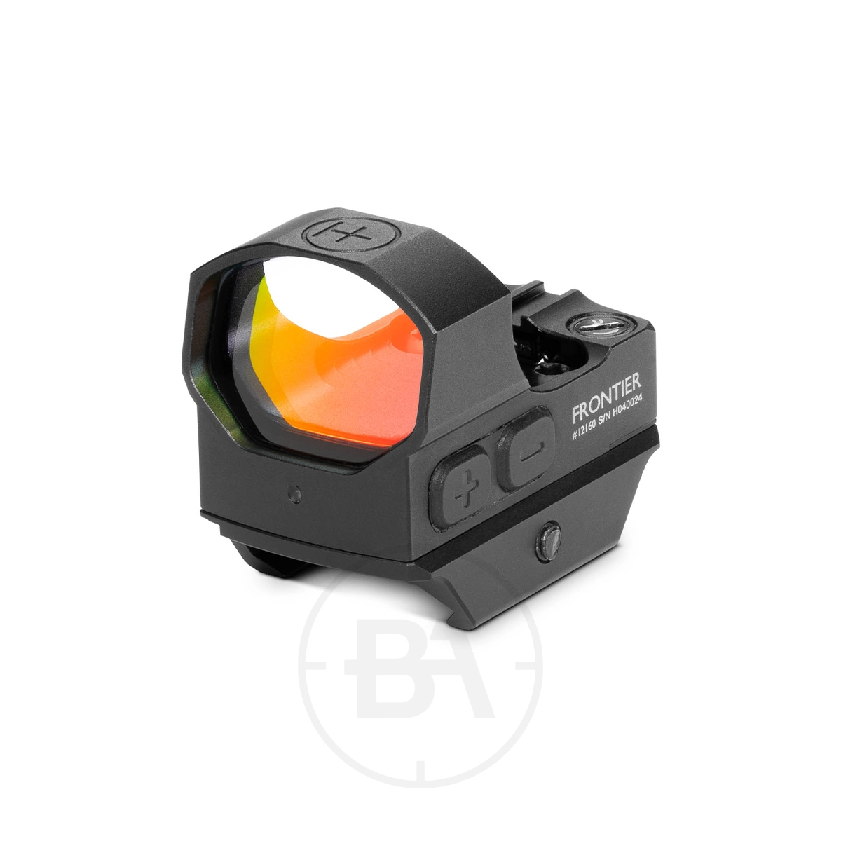 Hawke Frontier Red Dot RMSc Reflex Sight With Picatinny / Weaver Mounts 1 The Hawke Frontier Red Dot RMSc Reflex Sight features a compact black design with a red-tinted lens, adjustment buttons, "FRONTIER" branding, and Picatinny/Weaver mounting base for versatile attachment.