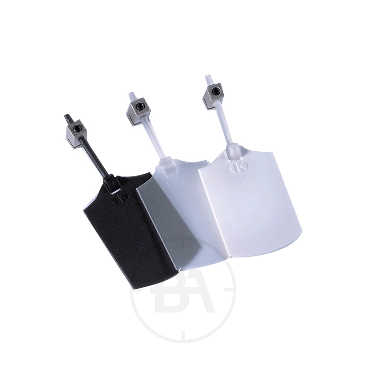 ISSF Flip-Up Eye Shields With Clamp 1 Three ISSF Flip-Up Eye Shields With Clamp in black, clear, and frosted finishes are shown mounted on metal rods with square brackets against a white background—perfect for ISSF shooting sports.