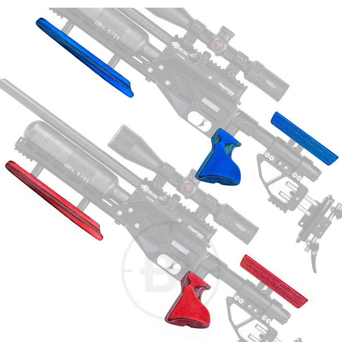 Daystate Red Wolf GP Grip Set 1 Two rifles are displayed with colored accessories; the upper rifle has blue parts, while the lower Red Wolf stands out with vibrant red accents, including the Red Wolf GP Grip Set and matching cheek rests.
