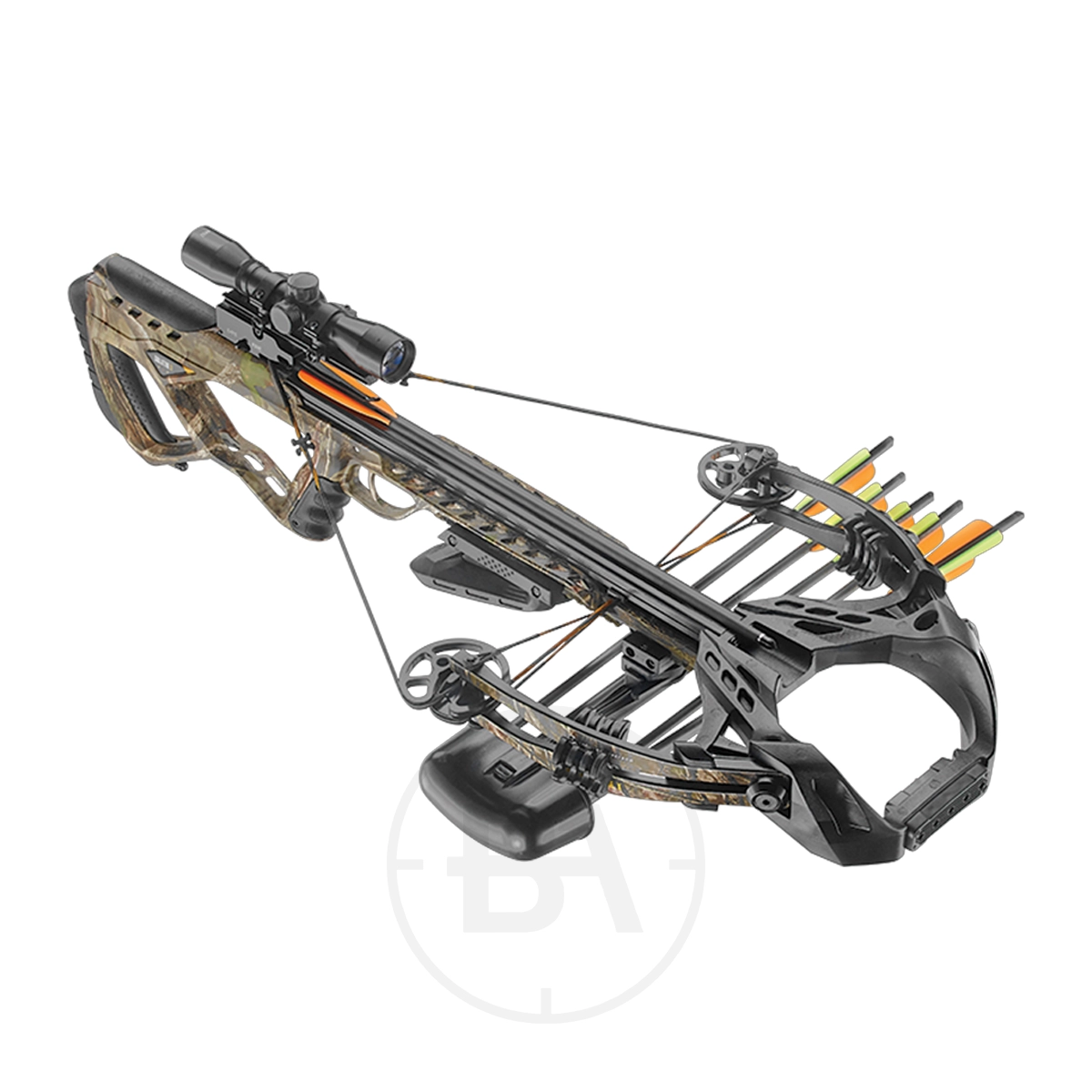 EK Archery Guillotine X Plus Compound Crossbow Package With Scope 3 The EK Archery Guillotine X Plus Compound Crossbow Package with Scope features a mounted scope and a quiver with arrows, shown against a white background.