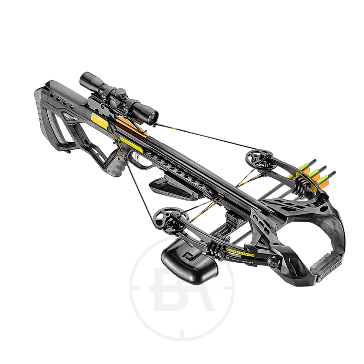 EK Archery Guillotine X Plus Compound Crossbow Package With Scope 5 The EK Archery Guillotine X Plus Compound Crossbow Package With Scope is a sleek black compound crossbow, shown with a mounted scope and three arrows in the rear quiver, displayed on a white background.