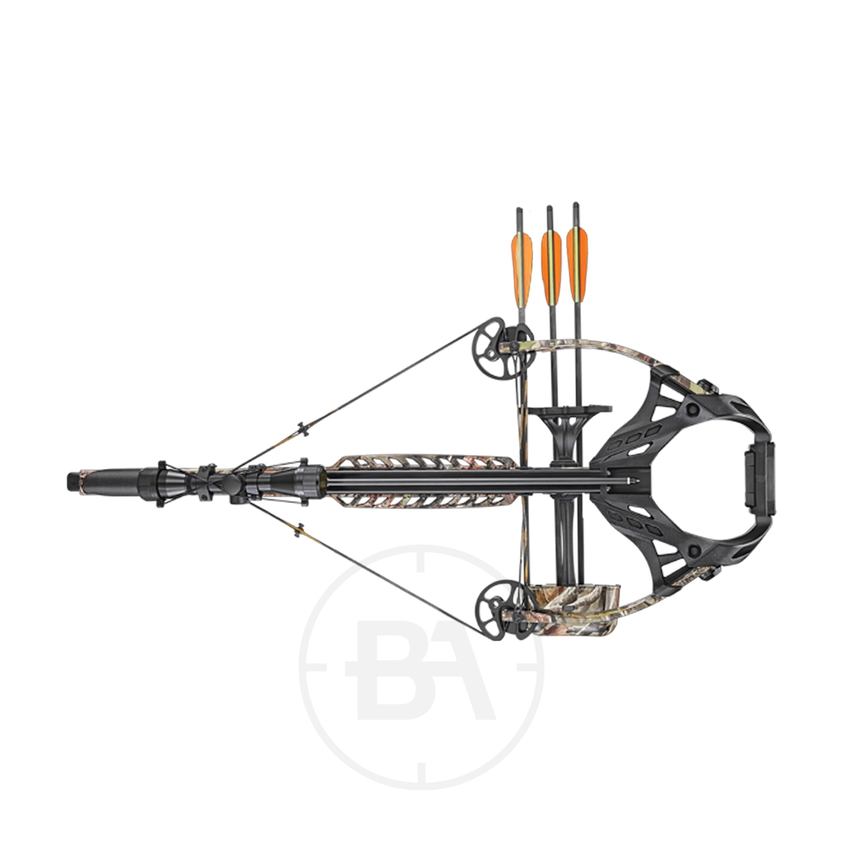 EK Archery Guillotine X Plus Compound Crossbow Package With Scope 7 The EK Archery Guillotine X Plus Compound Crossbow Package With Scope, shown top-down with a camo finish, black accents, and three orange-fletched arrows in a quiver—a complete set for precision shooting.
