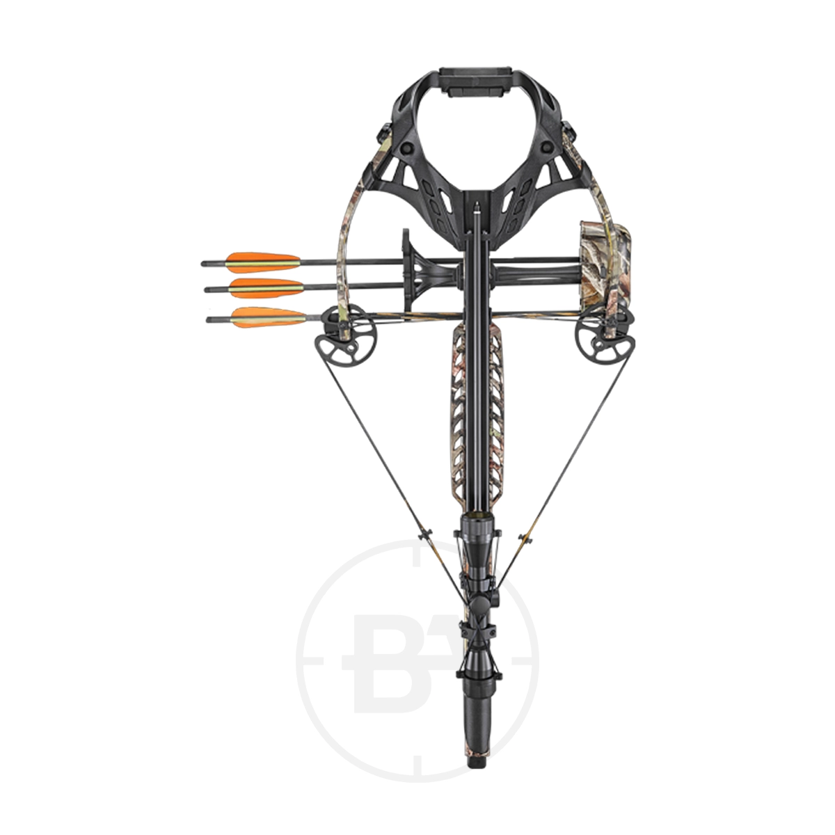 EK Archery Guillotine X Plus Compound Crossbow Package With Scope 9 The EK Archery Guillotine X Plus Compound Crossbow Package with Scope is shown from above, featuring a camouflage pattern and three orange-fletched arrows mounted on the side, against a white background.