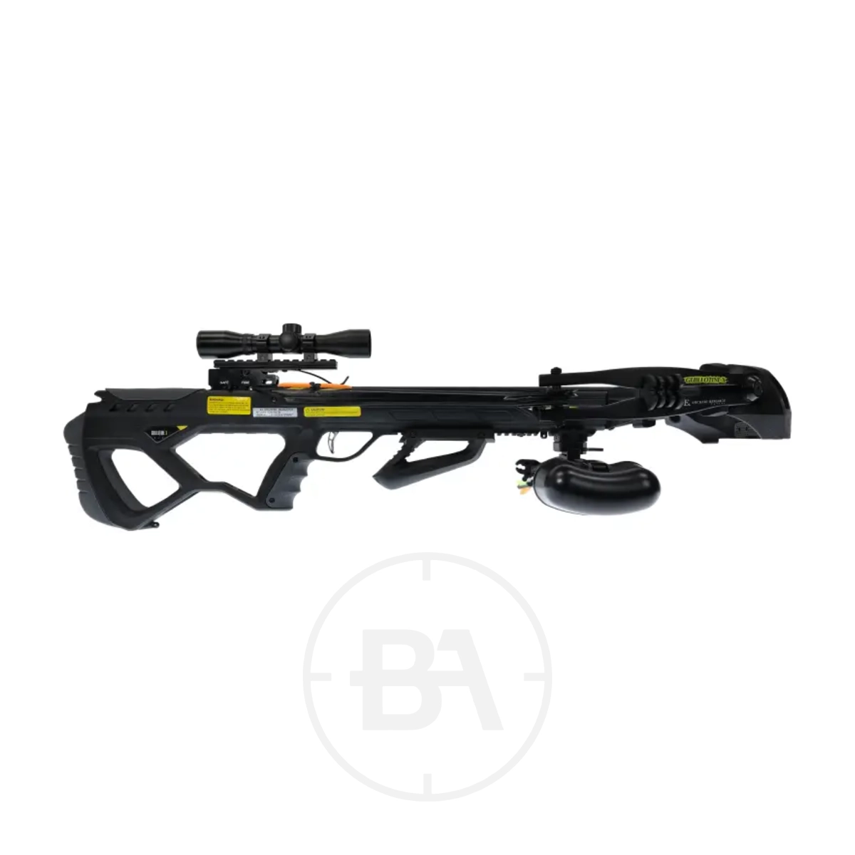 EK Archery Guillotine X Plus Compound Crossbow Package With Scope 1 A black EK Archery Guillotine X Plus Compound Crossbow with scope and a detachable black accessory mounted underneath, displayed on a white background as part of the complete package.