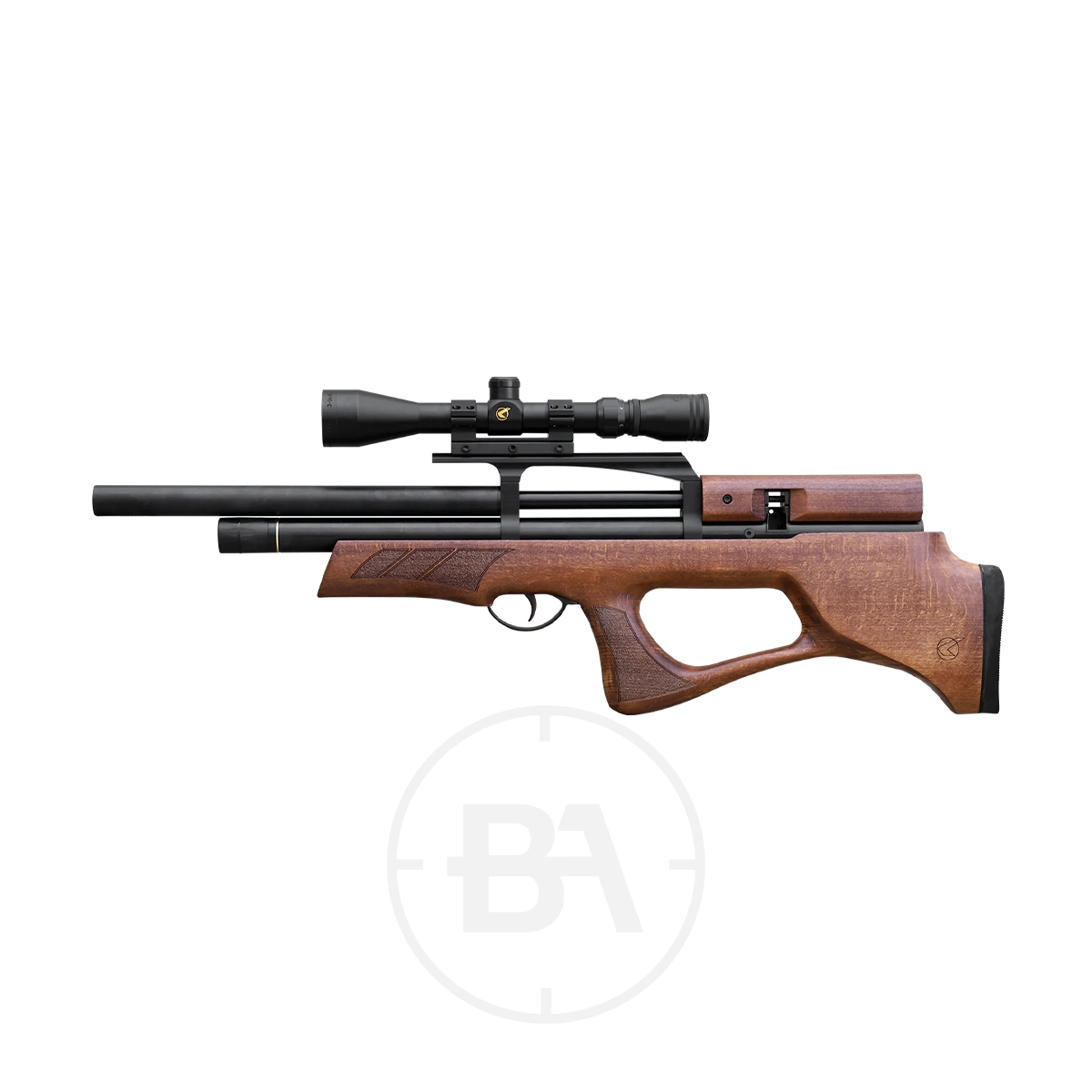 Gamo Boxer Bullpup PCP Air Rifle 3 A side view of the Gamo Boxer Bullpup PCP Air Rifle, featuring a wooden stock and mounted scope, displayed against a white background.