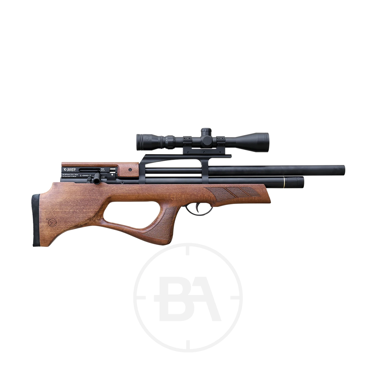 Gamo Boxer Bullpup PCP Air Rifle 1 A side view of the Gamo Boxer Bullpup PCP Air Rifle with a mounted scope, black barrel, and trigger is displayed against a white background.