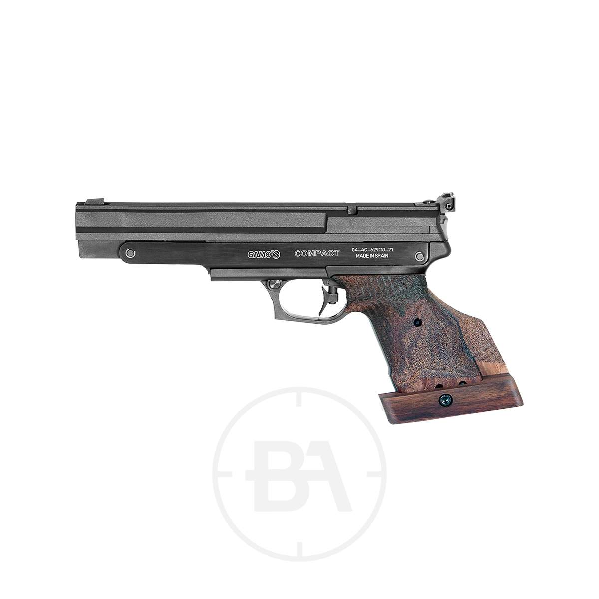 Gamo Compact Pneumatic Pistol 3 The Gamo Compact Pneumatic Pistol, featuring a long barrel and textured wooden grip, is shown in black from the side against a white background.