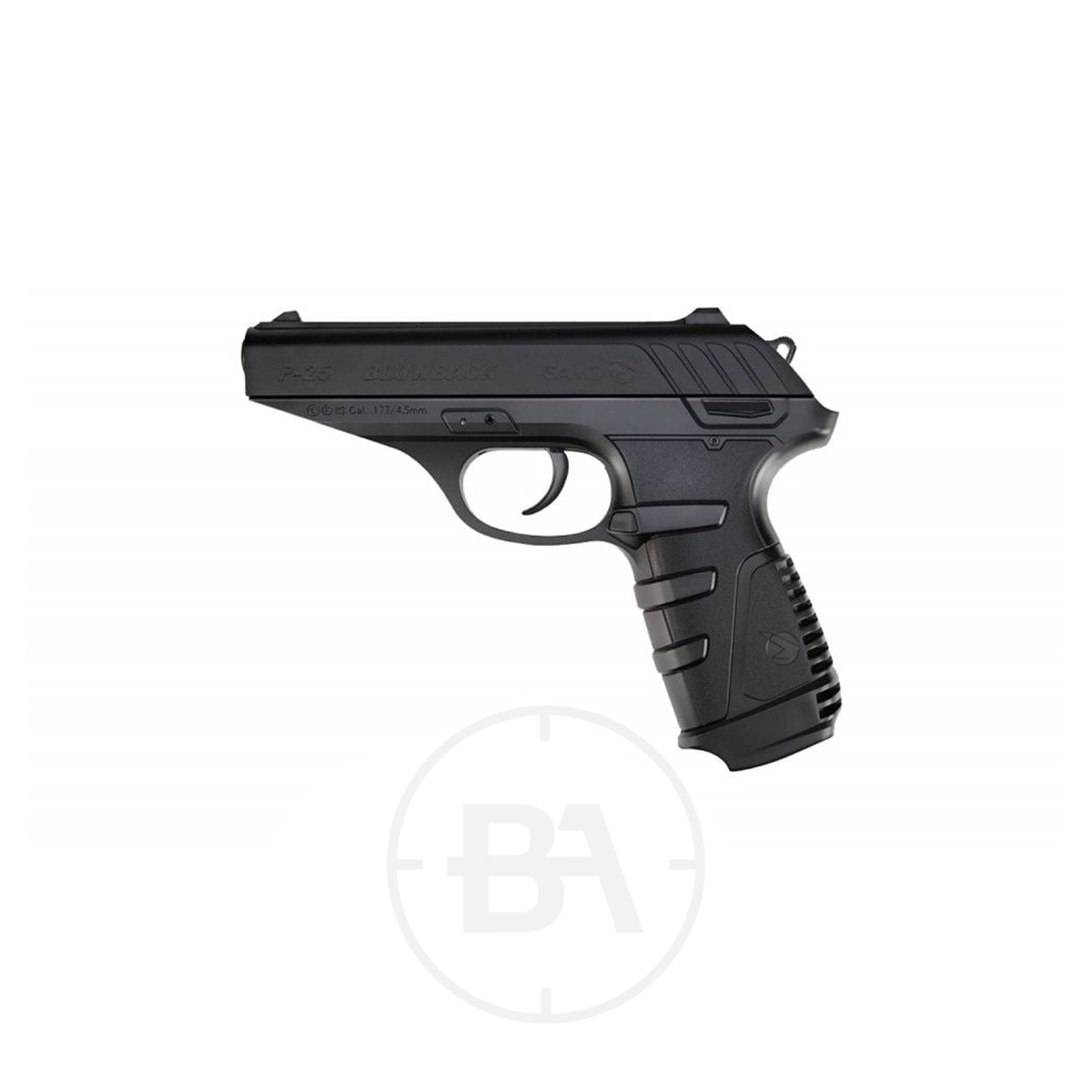 Gamo P 25 C02 Pistol 1 The Gamo P-25 CO2 Air Pistol .177 is shown in profile, featuring a black finish against a white background.