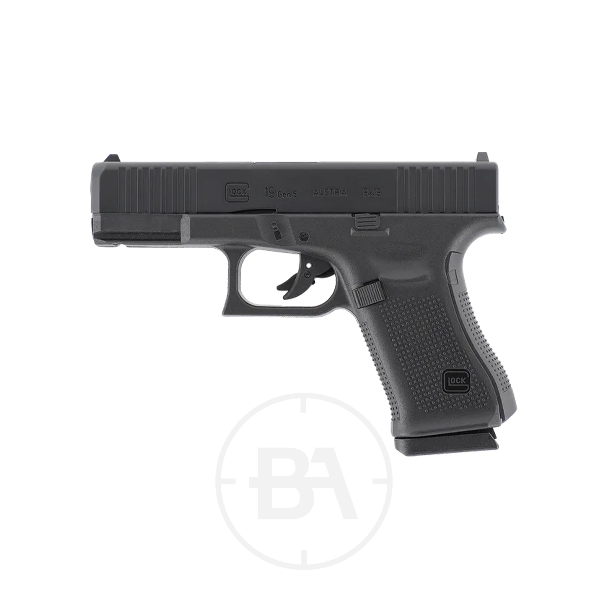 Glock 19 Gen5 CO2 BB Pistol 1 A side profile view of the Glock 19 Gen5 CO2 BB Pistol is displayed against a white background.