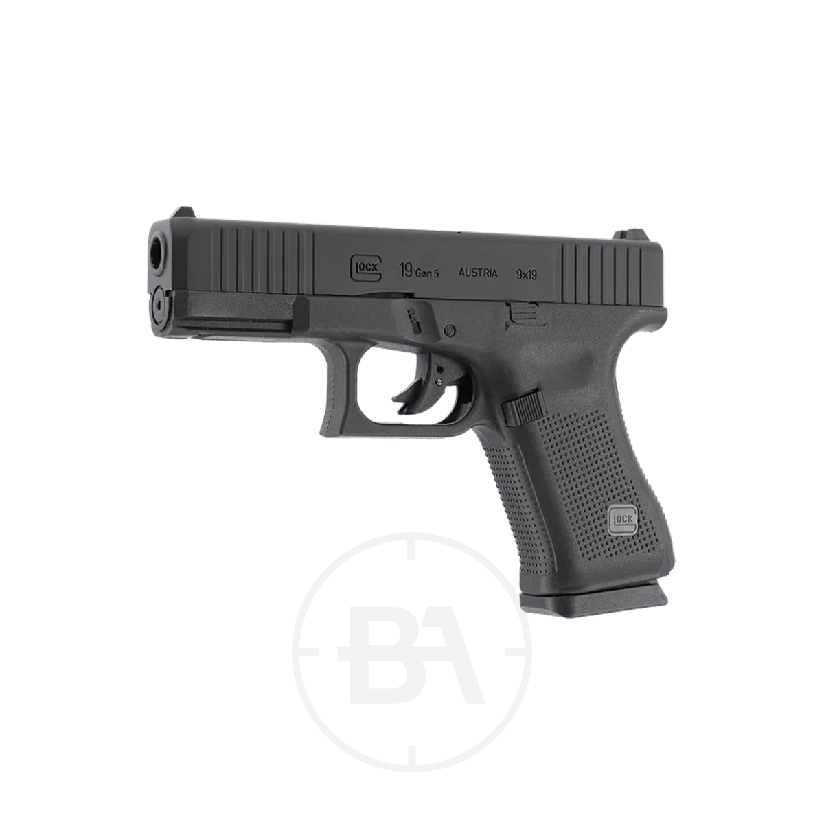 Glock 19 Gen5 CO2 BB Pistol 2 A Glock 19 Gen5 CO2 BB Pistol, featuring a black semi-automatic design inspired by the iconic Glock 19, is displayed at an angle on a white background. The slide shows "19 Gen 5" and "Austria 9x19," emphasising its authentic detailing as a high-quality CO2 BB pistol.