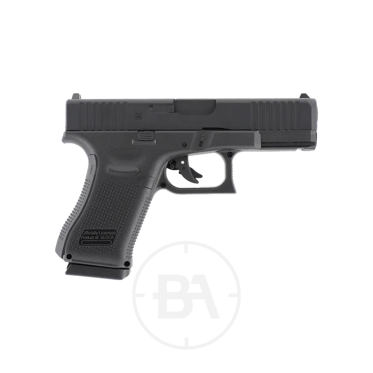 Glock 19 Gen5 CO2 BB Pistol 3 A side profile view of the Glock 19 Gen5 CO2 BB Pistol in black is shown against a plain white background, featuring a faint circular watermark behind the product.