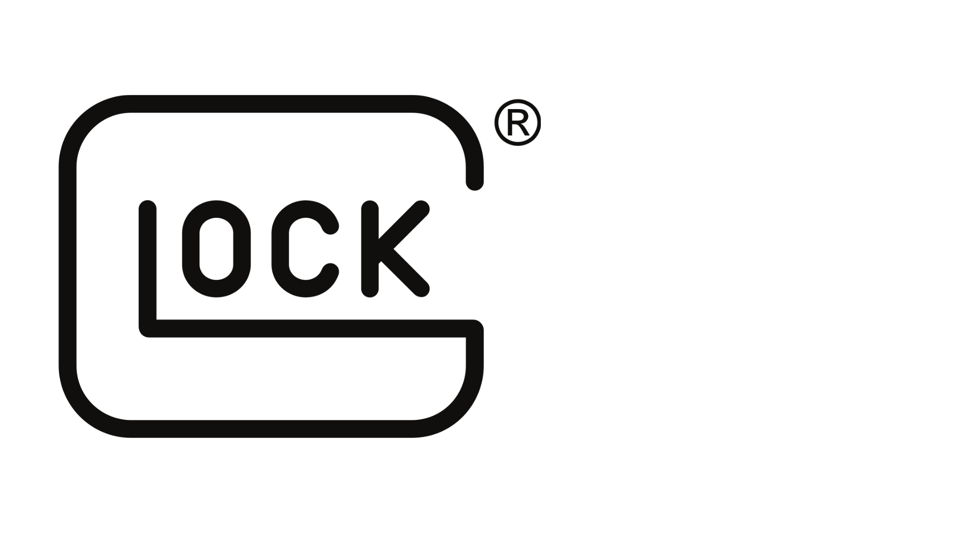The image shows the Glock logo, featuring the word "GLOCK" inside a stylized rectangular outline with rounded corners and a registered trademark symbol.