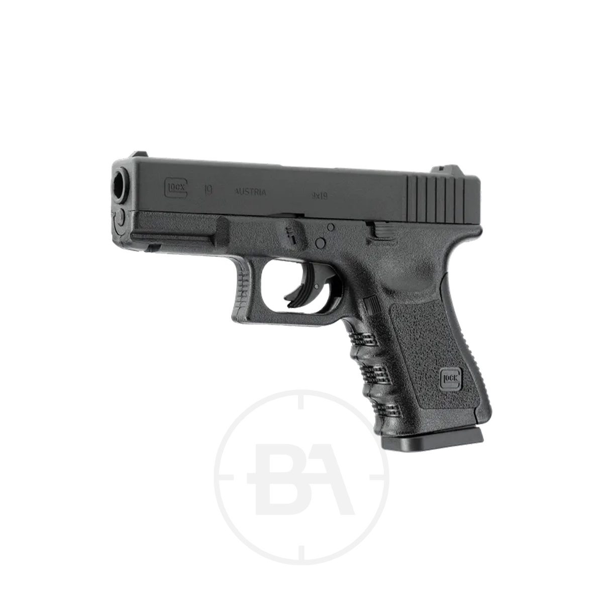 Glock 19 CO2 BB Pistol 5 A Glock 19 CO2 BB Pistol in black is shown in left side profile against a plain white background.