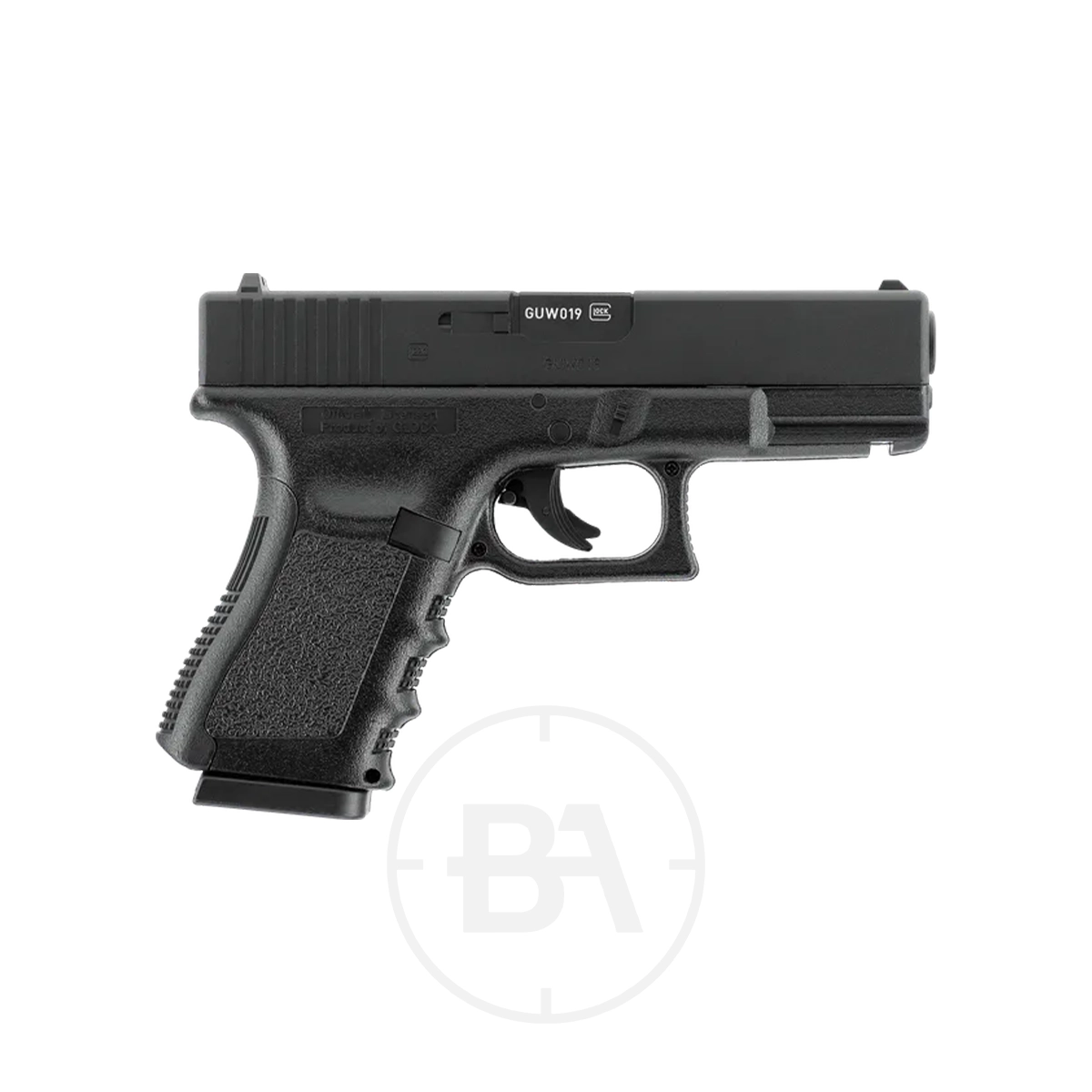 Glock 19 CO2 BB Pistol 3 The Glock 19 CO2 BB Pistol, featuring a black finish, textured grip, and trigger guard, is displayed in side profile against a plain white background.