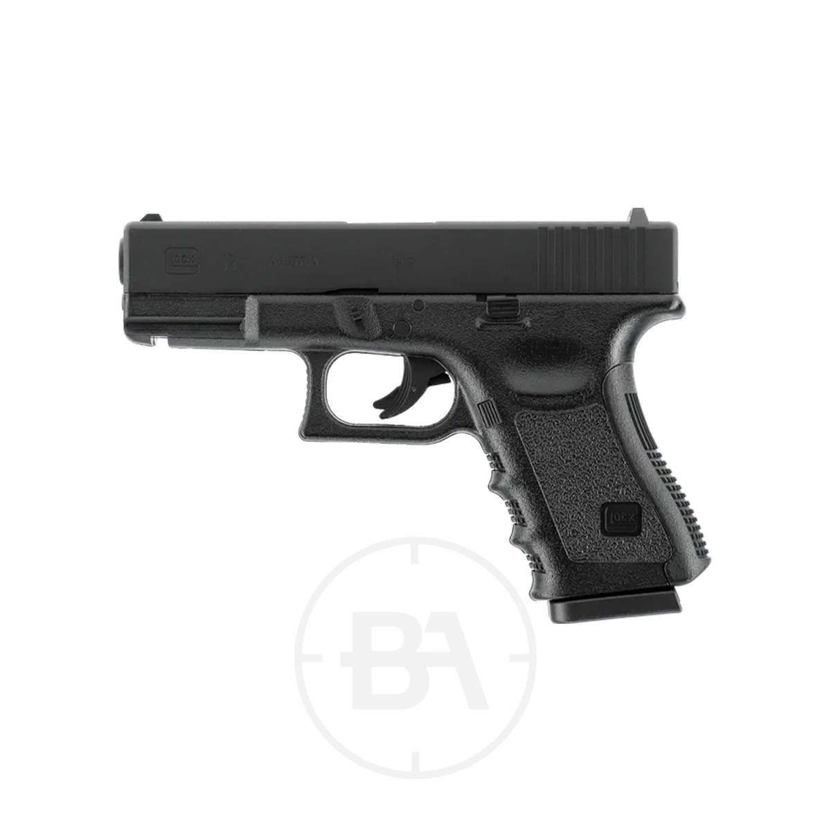 Glock 19 CO2 BB Pistol 1 A black Glock 19 CO2 BB pistol is shown from the side, featuring a textured grip and visible trigger, set against a plain white background.