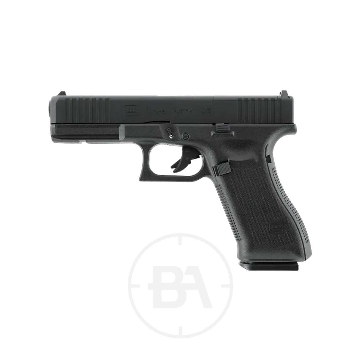 Glock 17 Gen5 MOS CO2 BB Pistol 1 A black Glock 17 Gen5 CO2 BB Pistol is shown in a side profile view on a white background, with the barrel facing left.