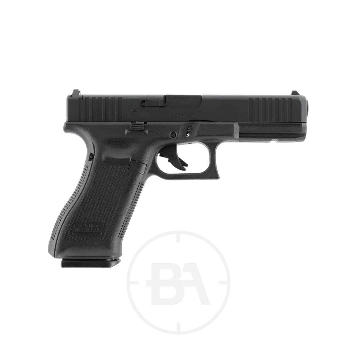Glock 17 Gen5 MOS CO2 BB Pistol 3 A black Glock 17 Gen5 CO2 BB pistol is viewed from the side, highlighting its grip, trigger, and slide against a plain white background.