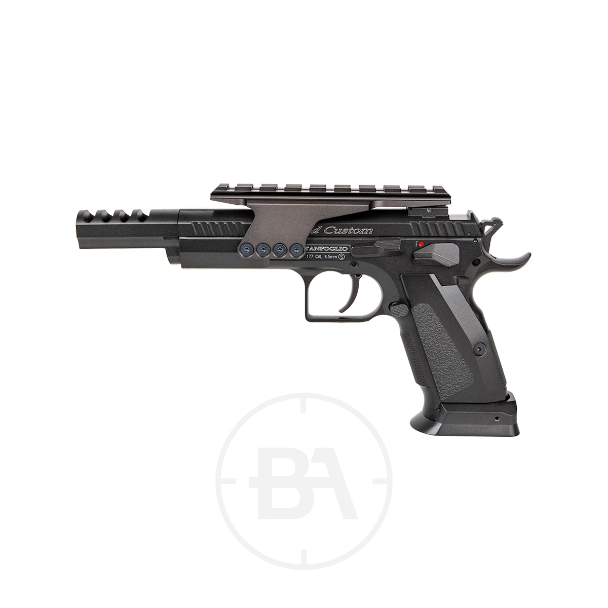 Tanfoglio Gold Custom Gen 2 CO2 BB Pistol 1 A black Tanfoglio Gold Custom Gen 2 CO2 BB Pistol with a vented barrel, top accessory rail, textured grip, and visible safety catch is shown on a white background.