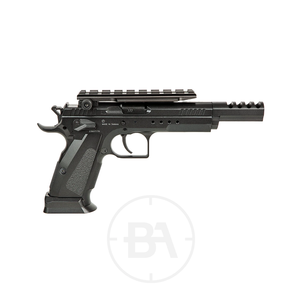 Tanfoglio Gold Custom Gen 2 CO2 BB Pistol 7 A black Tanfoglio Gold Custom Gen 2 CO2 BB Pistol with an extended barrel, textured grip, and a top rail system is shown against a plain white background.