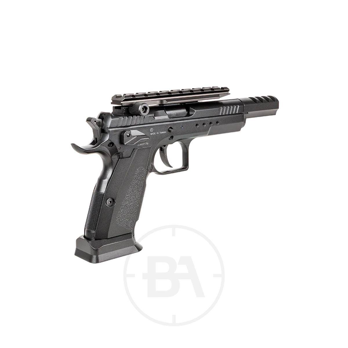 Tanfoglio Gold Custom Gen 2 CO2 BB Pistol 3 A black Tanfoglio Gold Custom Gen 2 CO2 BB pistol with an extended barrel, textured grip, and top accessory rail is displayed on a white background.