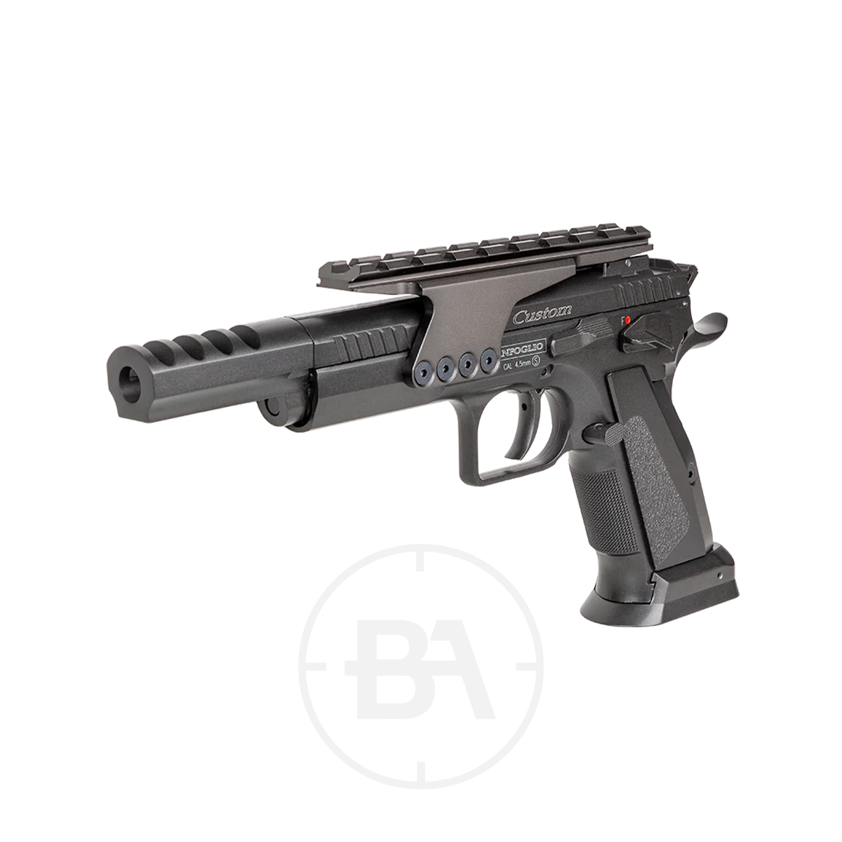 Tanfoglio Gold Custom Gen 2 CO2 BB Pistol 5 The Tanfoglio Gold Custom Gen 2 CO2 BB Pistol, in black with a textured grip, top rail, and vented barrel shroud, is inspired by the original design and shown on a white background.