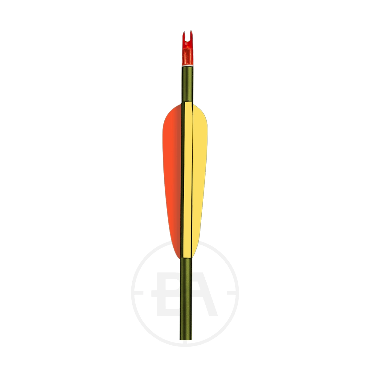 EK Archery Aluminium Target Arrows (x5) 6 A set of five EK Archery Aluminium Target Arrows Black with rounded points features red nocks, green shafts, and two vanes—yellow and orange—seen on a white background with a subtle circular logo underneath.