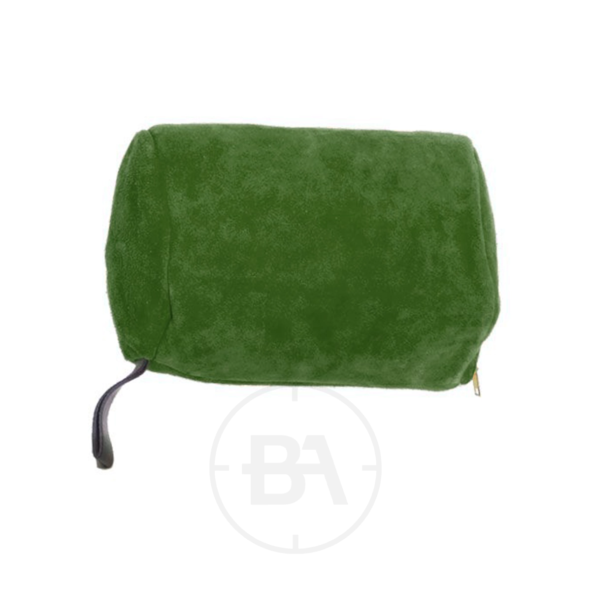 Gehmann Leather Kneeling Roll 3 A rectangular green Gehmann pouch with a zipper and black wrist strap, shown against a white background.