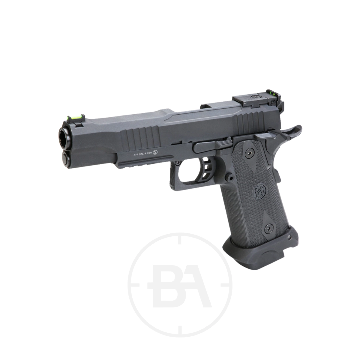 Krown Land Helios Hi-Capa MK1 CO2 BB Pistol With Hard Case 3 A black Krown Land Helios Hi-Capa MK1 CO2 BB Pistol with a textured grip and green fibre optic sights is shown angled left to display the barrel, set against a white background. Comes with a hard case.