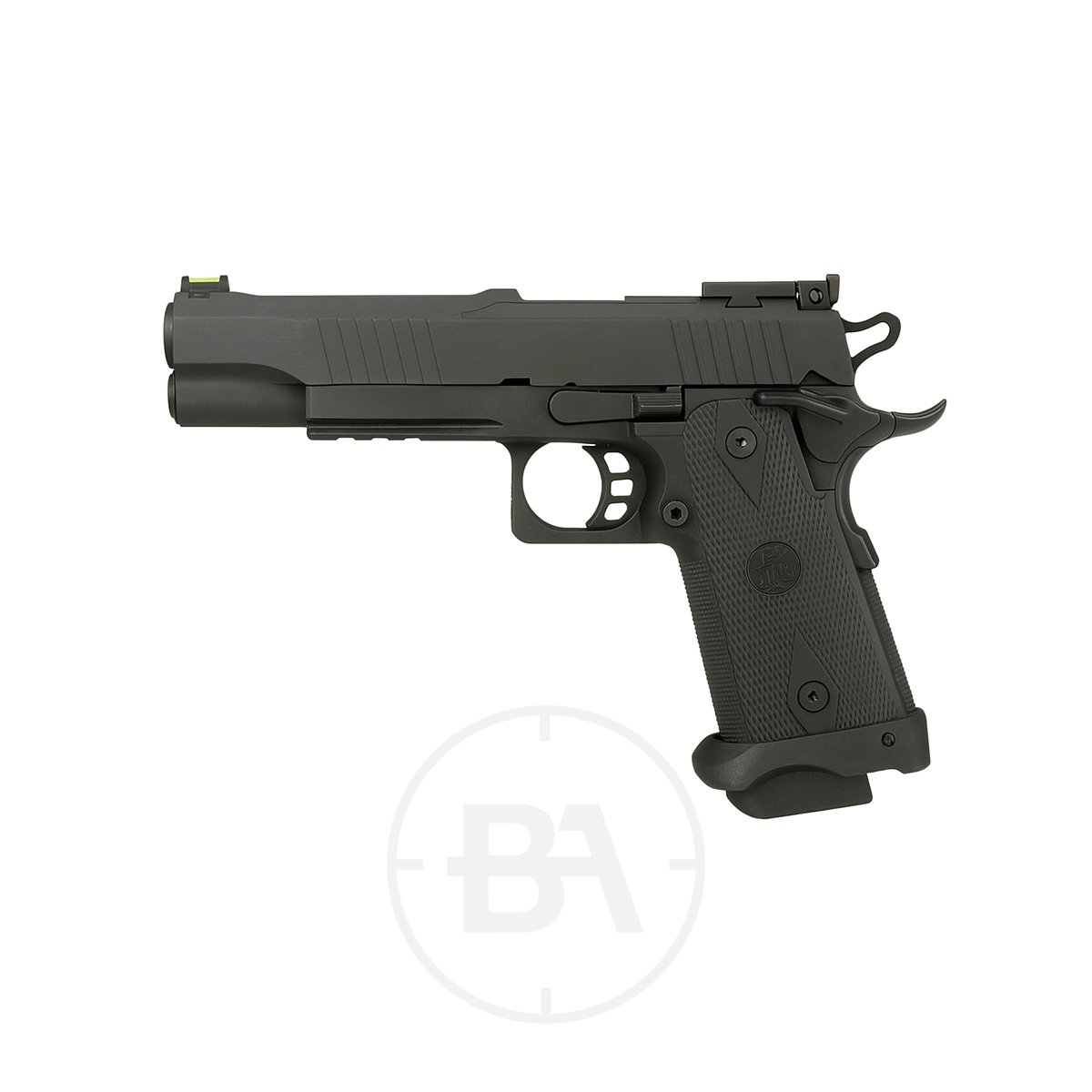 Krown Land Helios Hi-Capa MK1 CO2 BB Pistol With Hard Case 1 The Krown Land Helios Hi-Capa MK1 CO2 BB Pistol With Hard Case, featuring a textured grip, visible trigger, and tactical sight, is displayed in profile facing left against a white background.