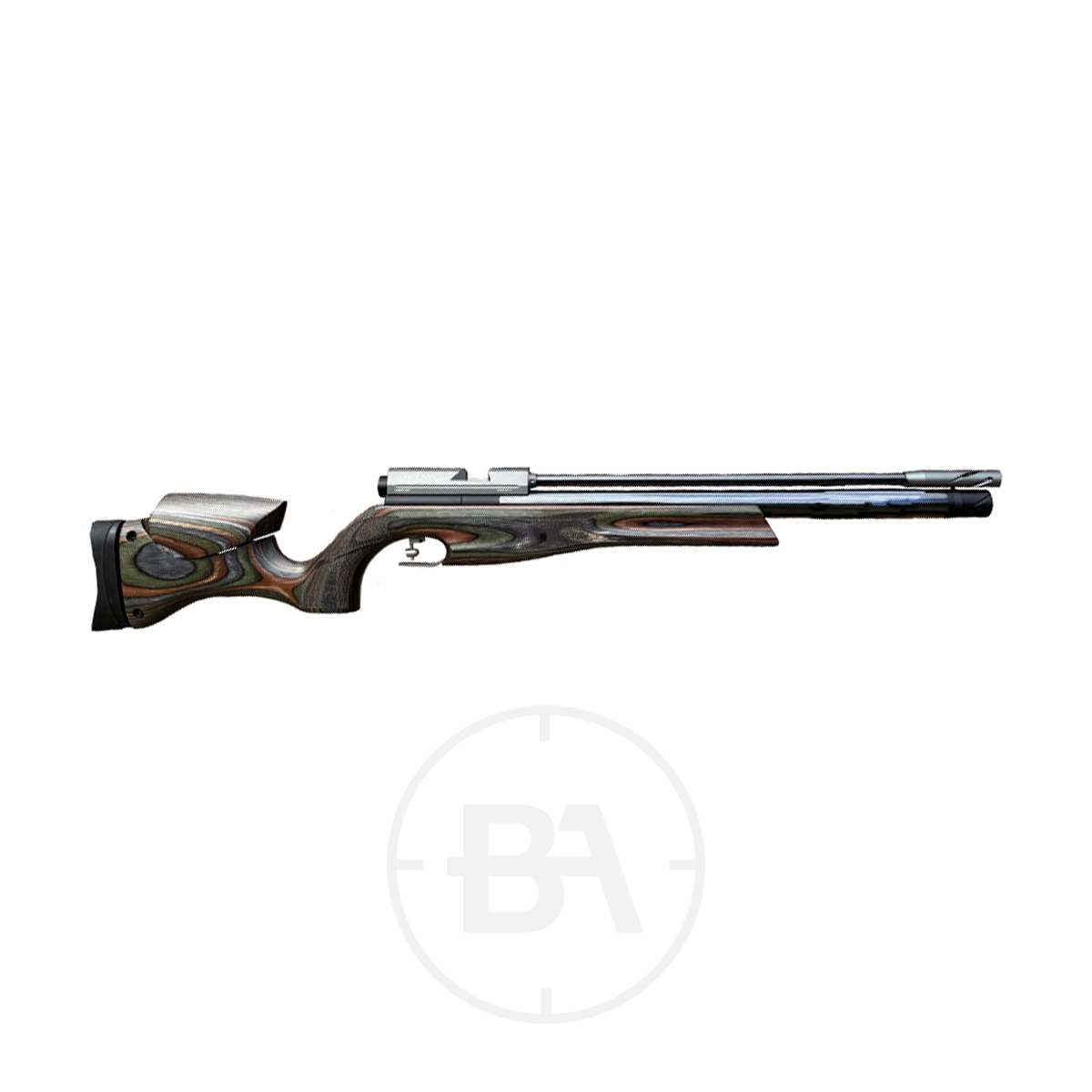 Air Arms HFT 500 Hunter Field Target Rifle 4 Side view of an Air Arms HFT 500 PCP Air Rifle with a long barrel, adjustable stock, and sleek Forest Laminate design, isolated on a white background.
