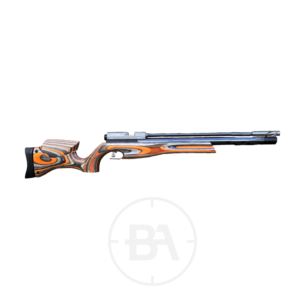 Air Arms HFT 500 Hunter Field Target Rifle 2 A side view of an Air Arms HFT 500 PCP air rifle with an orange laminate wooden stock in striking orange, black, and grey patterns, and a long black barrel, displayed on a white background.