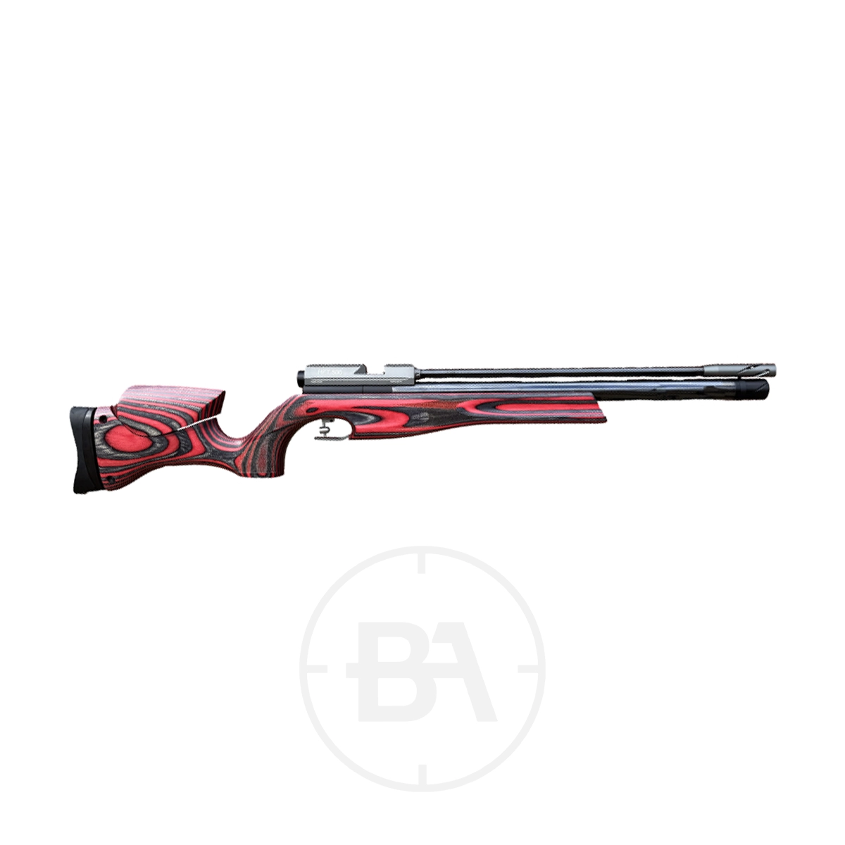 Air Arms HFT 500 Hunter Field Target Rifle 3 A side view of an Air Arms HFT 500 PCP Air Rifle with a red laminate and black wooden stock and a long black barrel, displayed on a white background.