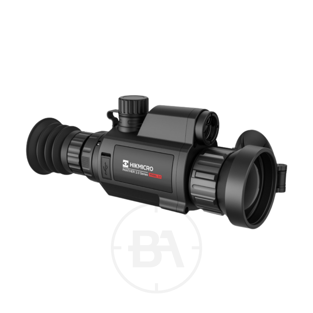 Hikmicro Panther 2.0 PH50L Thermal Imaging LRF Rifle Scope 1 The Hikmicro Panther 2.0 PH50L Thermal Imaging LRF Rifle Scope, featuring adjustment knobs and an eyepiece, is displayed in black on a white background.