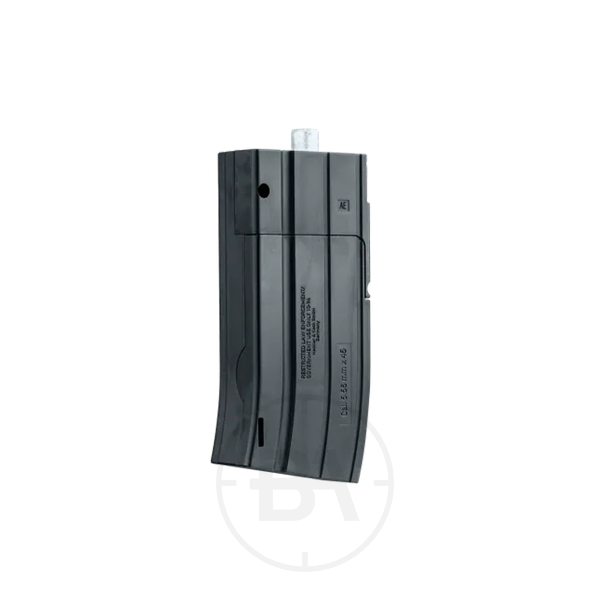 Heckler & Koch HK416 A5 Spare CO2 Magazine 1 The Heckler & Koch HK416 A5 Spare CO2 Magazine is a black polymer mag with a curved design, visible ridges, a small round protrusion on top, and embossed Heckler & Koch text on the side.