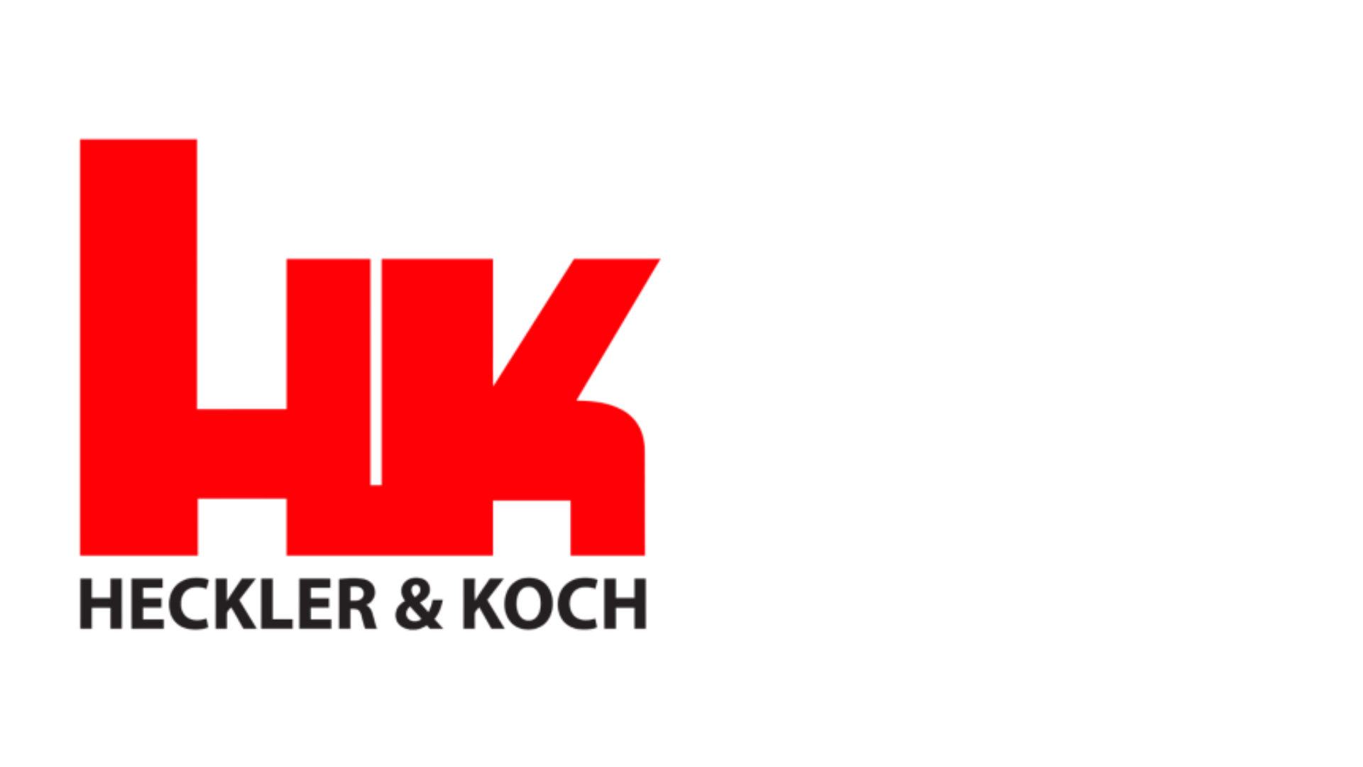 Heckler & Koch logo featuring bold red “HK” initials and black “Heckler & Koch” text underneath, representing the renowned firearms manufacturer, on a transparent background.