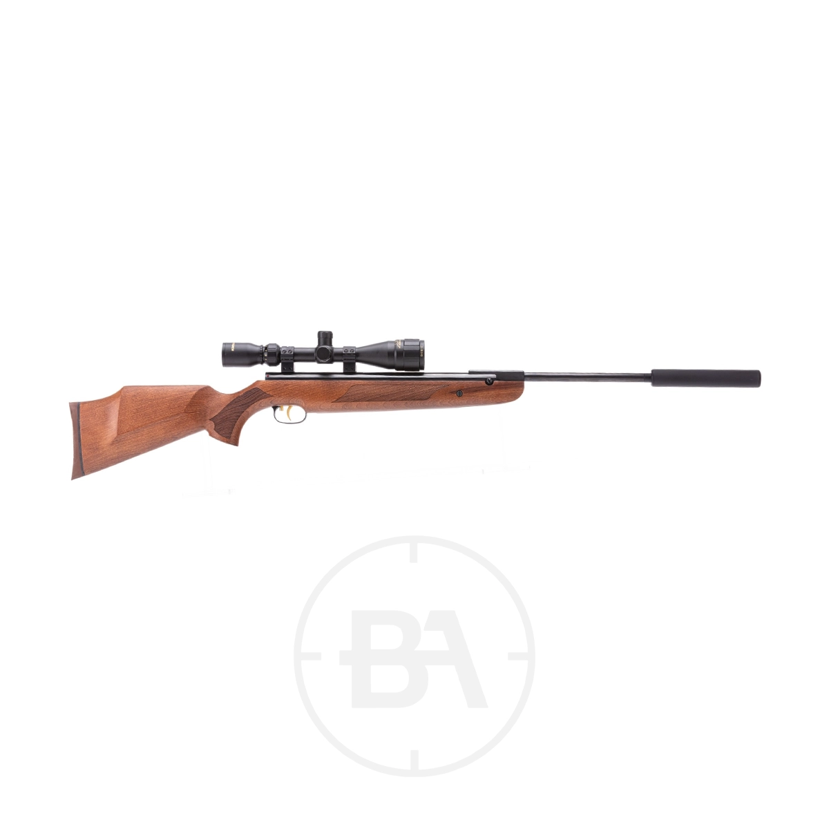 Weihrauch HW95 K Luxus Spring Air Rifle With Silencer 1 A side view of the Weihrauch HW95 K Luxus Spring Air Rifle with a mounted scope and silencer, displayed on a white background.
