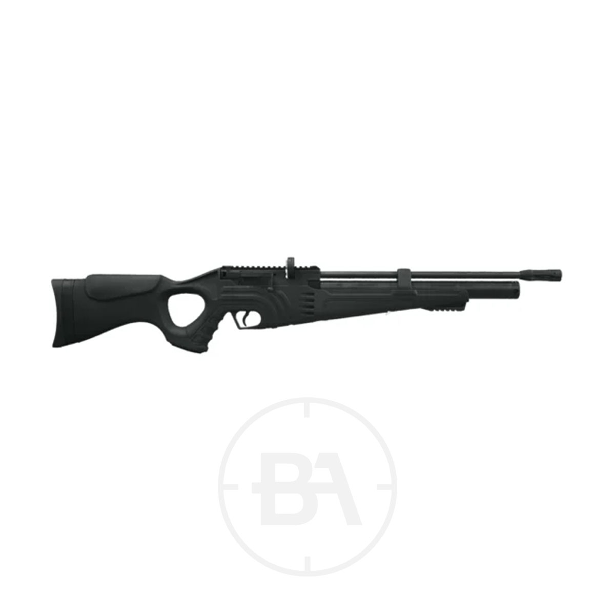 NEW Hatsan Flash 101 PCP Air Rifle .177 1 The NEW Hatsan Flash 101 PCP Air Rifle in .177 calibre features an ergonomic stock, thumbhole grip, and long barrel, shown in black against a plain white background.