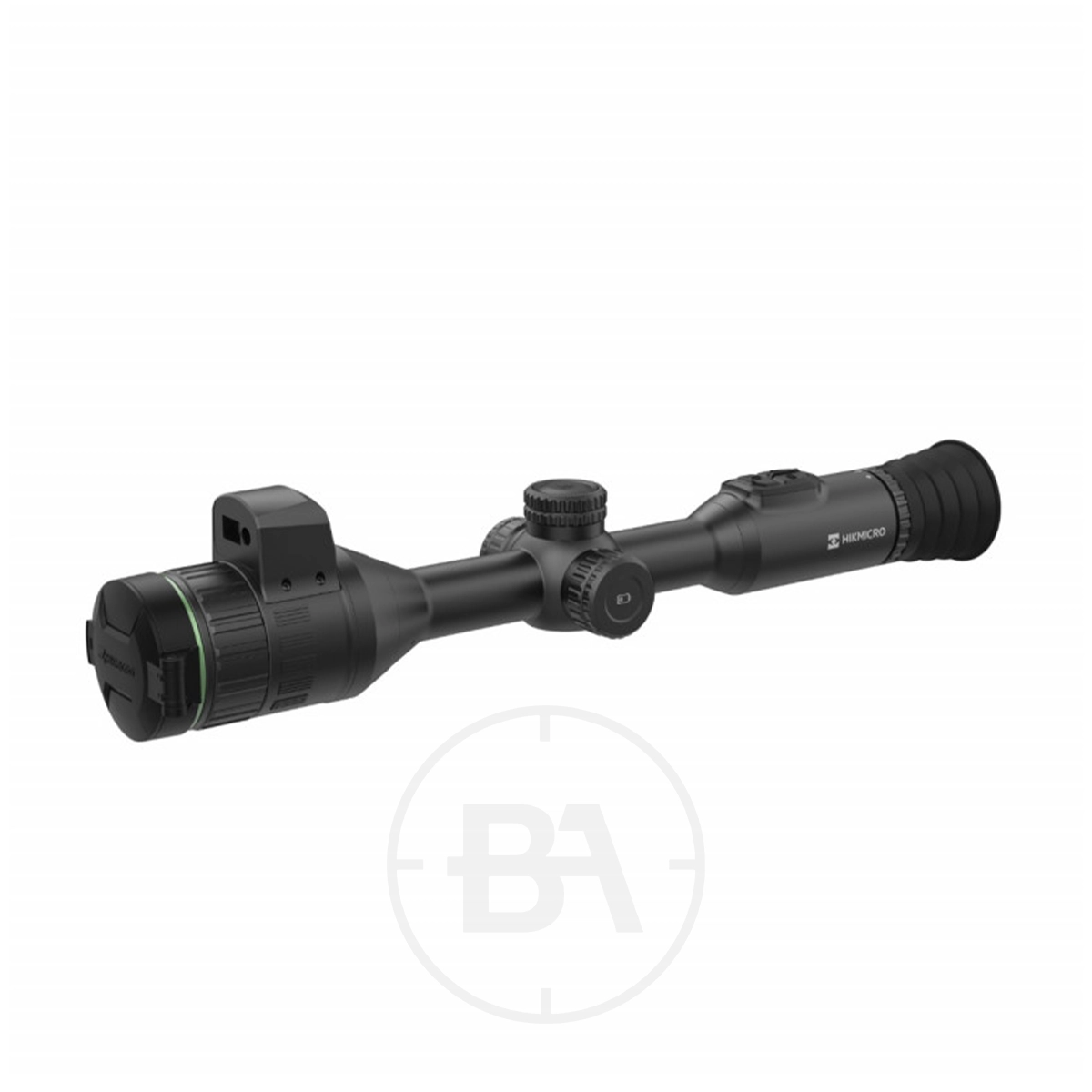 HIKMICRO Alpex 4K Day & Night Vision Rifle Scope Series 3 Black rifle scope with adjustment dials and capped lenses, featuring a mounted electronic component near the front lens—ideal as a Day & Night Vision Rifle Scope, such as the HIKMICRO Alpex 4K.