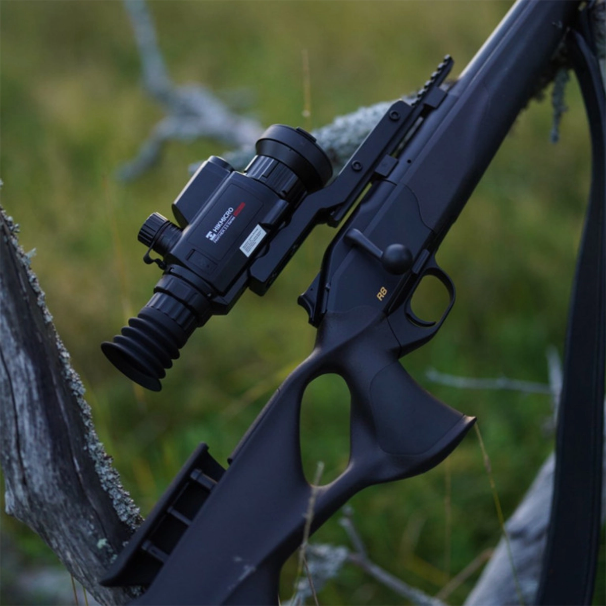 Hikmicro Panther 2.0 PH50L Thermal Imaging LRF Rifle Scope 5 A black rifle fitted with a Hikmicro Panther 2.0 PH50L Thermal Imaging LRF Rifle Scope is propped against a tree branch outdoors, with grass in the background.