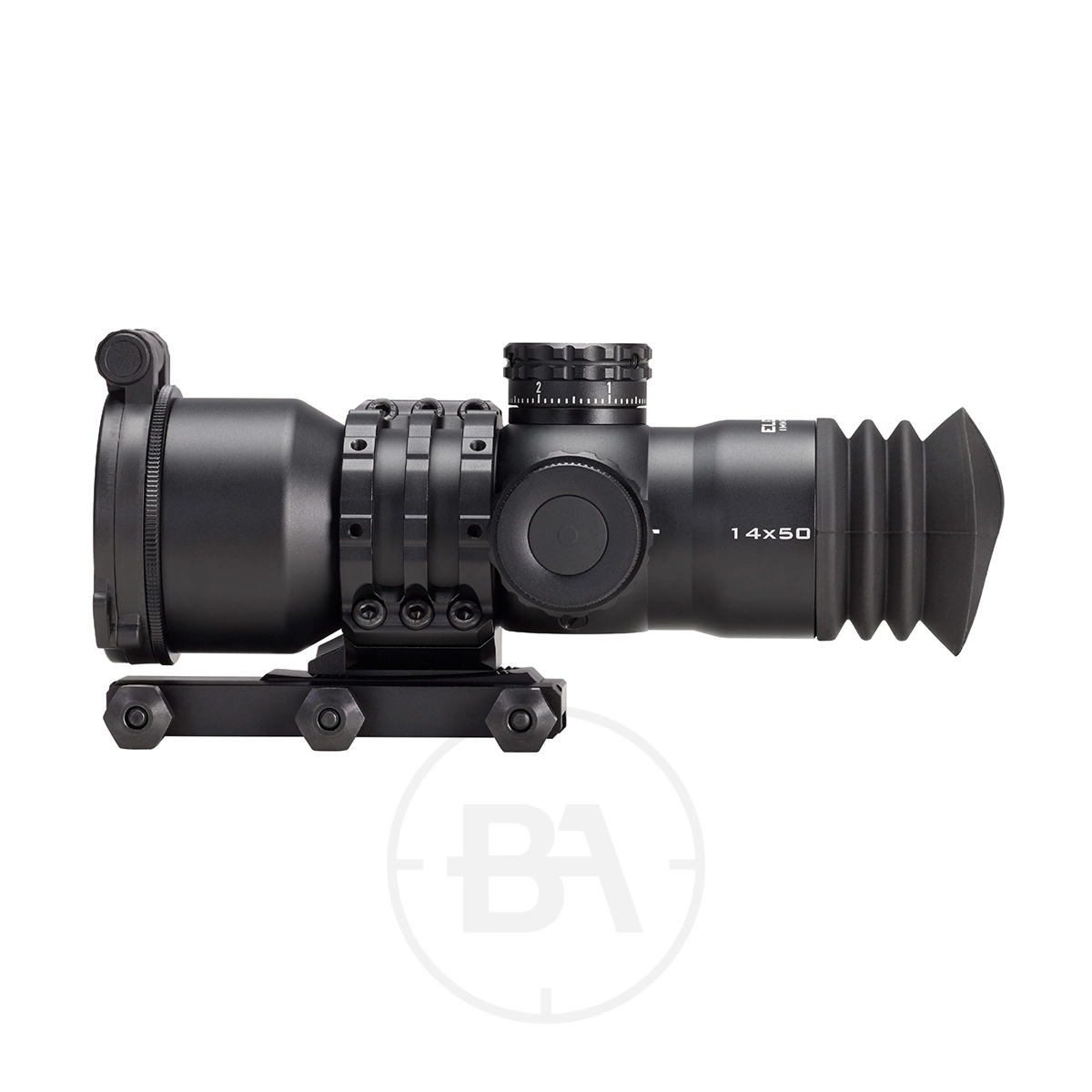 Element Optics Immersive Series 14x50 Rifle Scope 7 The Element Optics Immersive Series 14x50 Rifle Scope With Mounts, shown in side profile with adjustment knobs and a mounting rail against a white background, is designed for precision aiming.