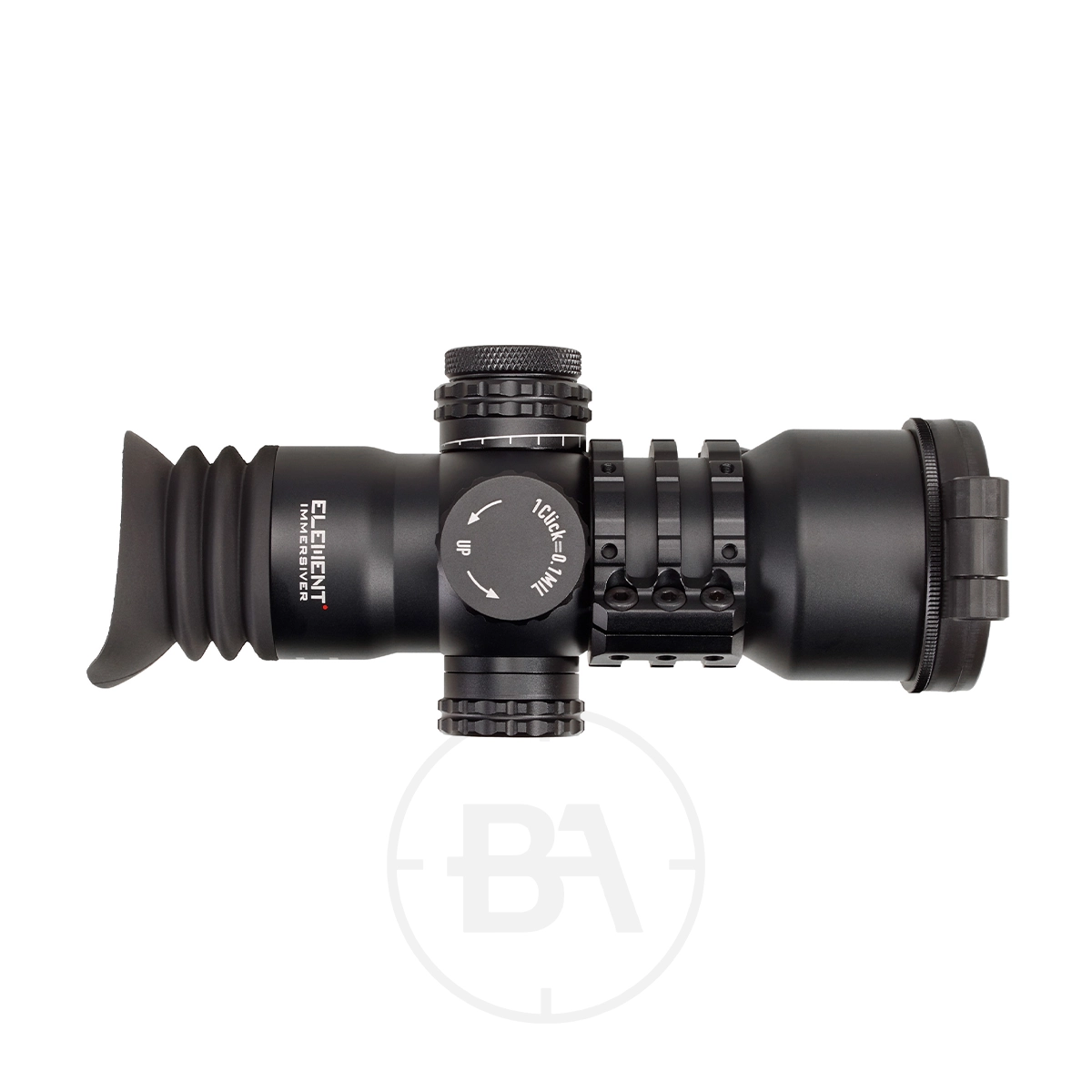 Element Optics Immersive Series 14x50 Rifle Scope 5 The Element Optics Immersive Series 14x50 Rifle Scope With Mounts, shown from above with adjustment dials, a rubber eyepiece, and a mounting rail against a white background, is ideal for use with premium Element Optics mounts.