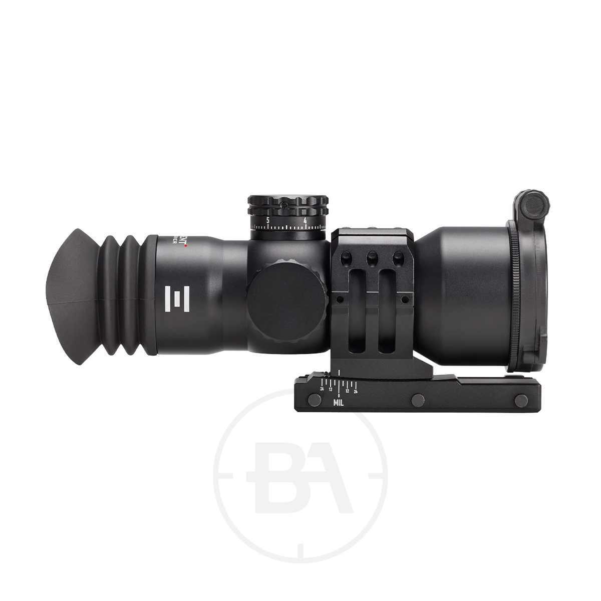 Element Optics Immersive Series 14x50 Rifle Scope 1 The Element Optics Immersive Series 14x50 Rifle Scope with mounts is shown in black, featuring adjustment dials and a rubber eyepiece, displayed in side profile on a white background.