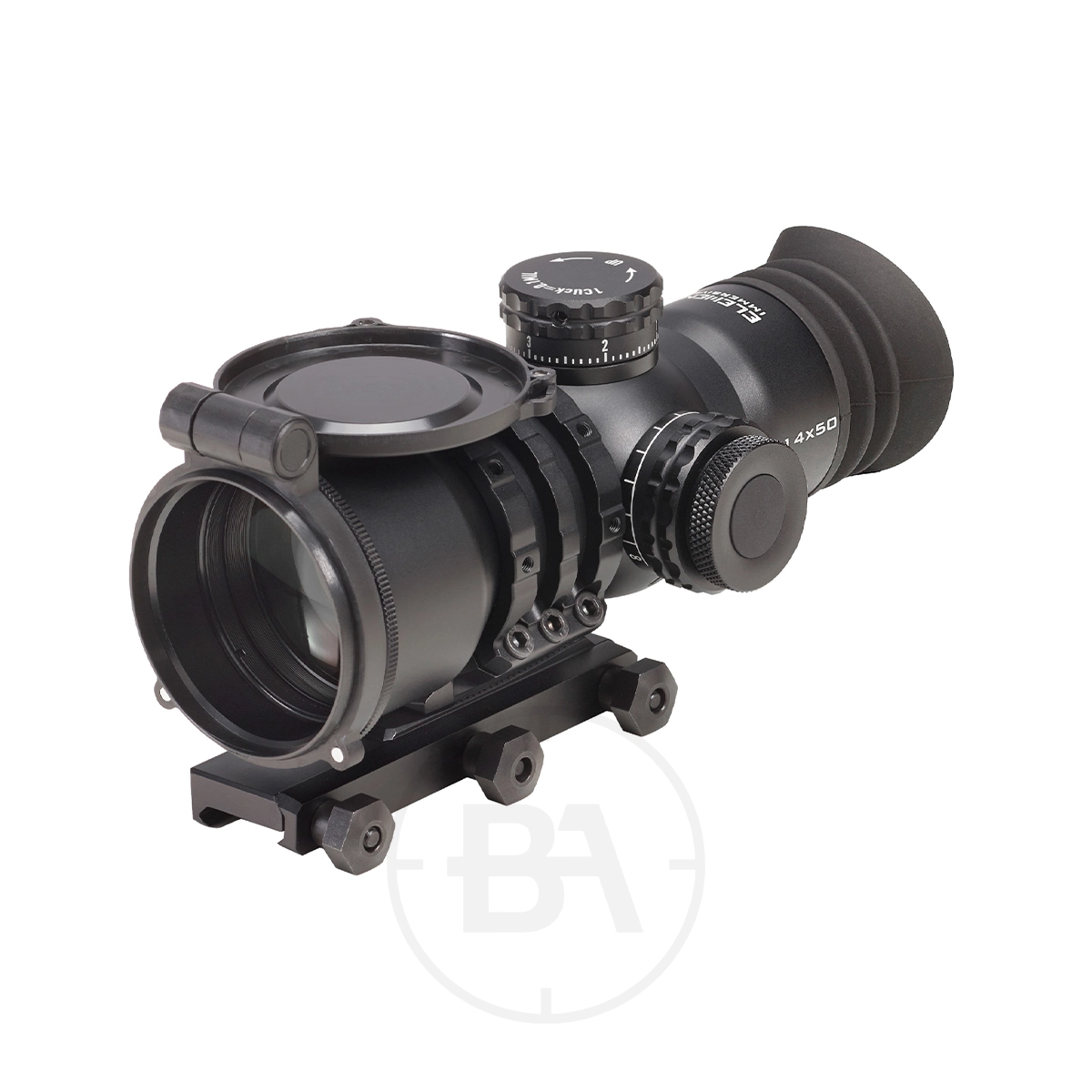 Element Optics Immersive Series 14x50 Rifle Scope 3 The Element Optics Immersive Series 14x50 Rifle Scope With Mounts, in black, features adjustment dials, flip-up lens covers, and a mounting rail, shown on a white background.