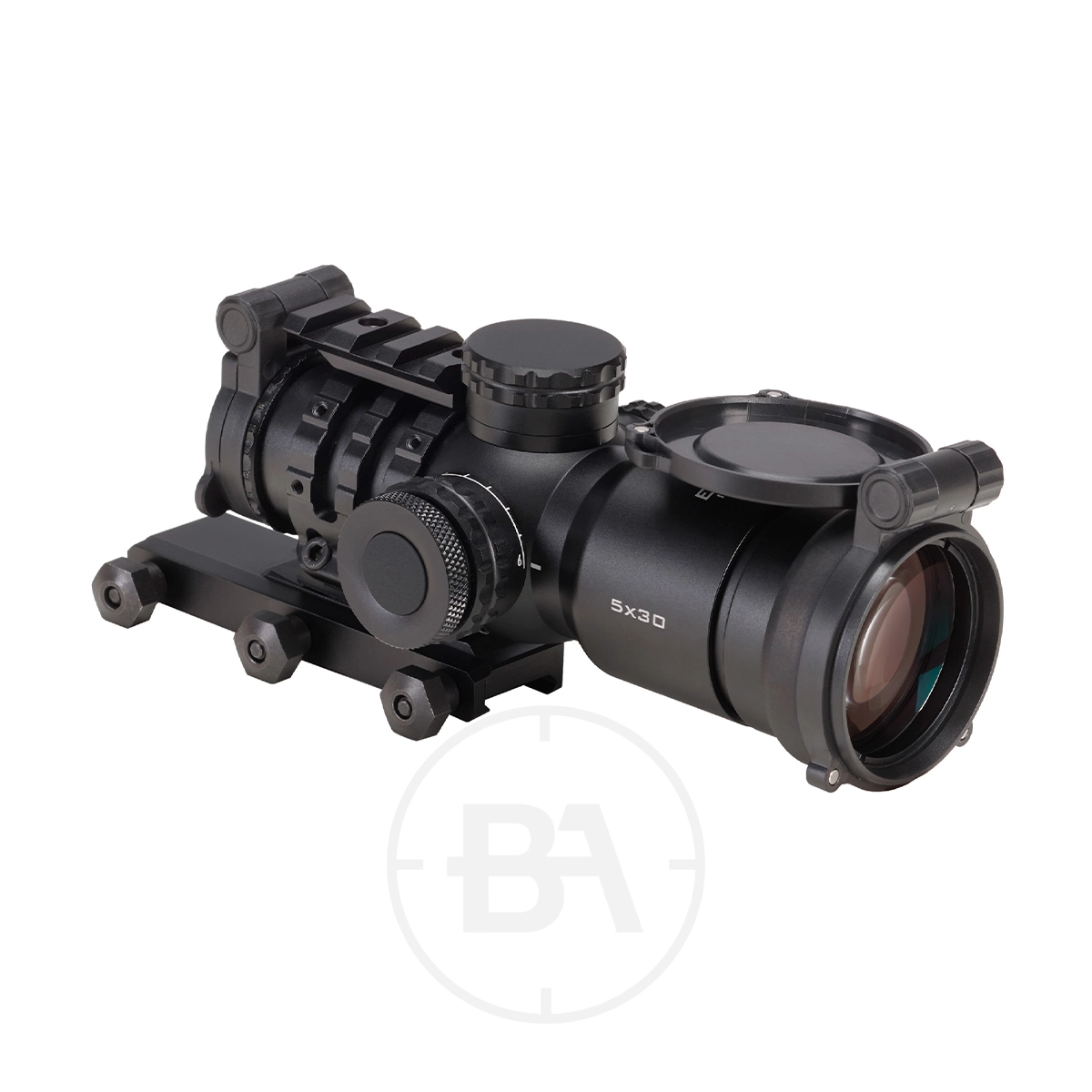Element Optics Immersive Series 5x30 Rifle Scope 5 The Element Optics Immersive Series 5x30 Rifle Scope With Mounts is shown on a white background, featuring adjustment knobs, lens covers, and a rail mount.
