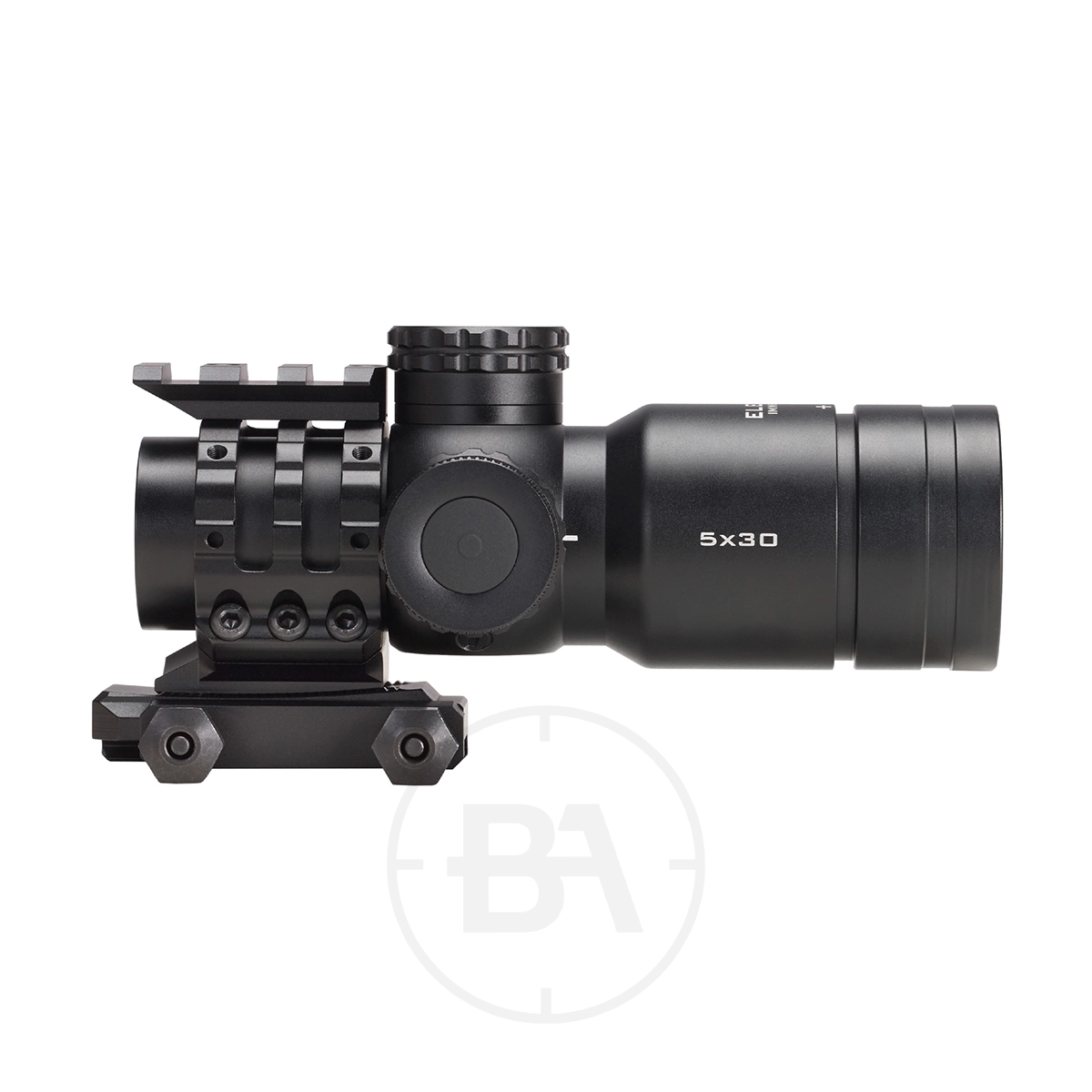 Element Optics Immersive Series 5x30 Rifle Scope 1 Side view of the Element Optics Immersive Series 5x30 Rifle Scope With Mounts, featuring adjustment knobs, displayed on a white background.