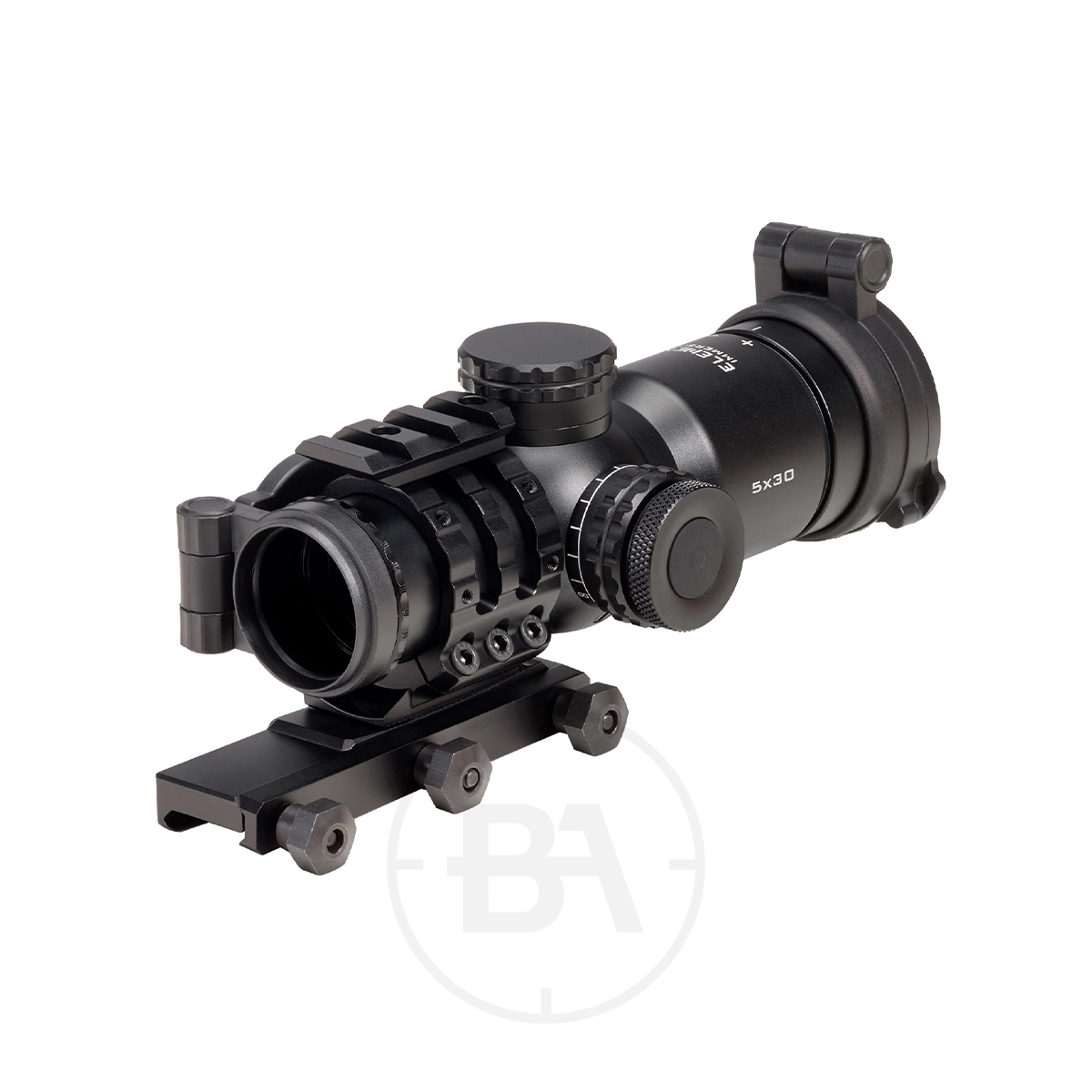 Element Optics Immersive Series 5x30 Rifle Scope 3 The Element Optics Immersive Series 5x30 Rifle Scope With Mounts, in black, features adjustment knobs and flip-up lens covers and is displayed on a white background.