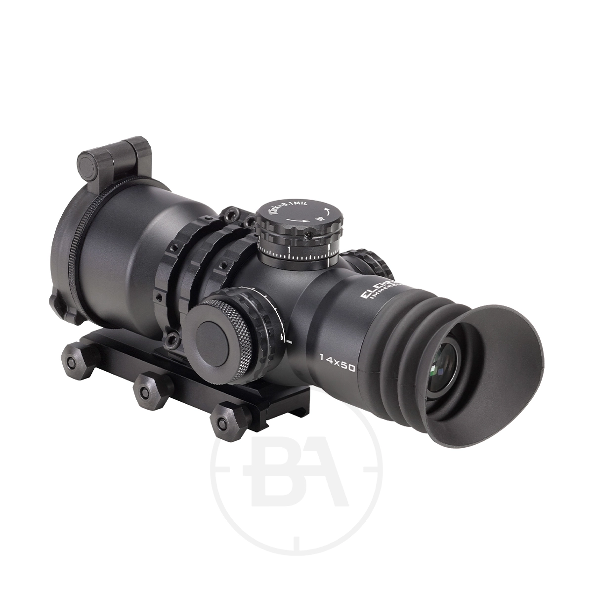 Element Optics Immersive Series 14x50 Rifle Scope 9 Element Optics Immersive Series 14x50 Rifle Scope With Mounts features adjustment dials, a 1-4x50mm lens, and comes ready to install on your firearm with included mounts.